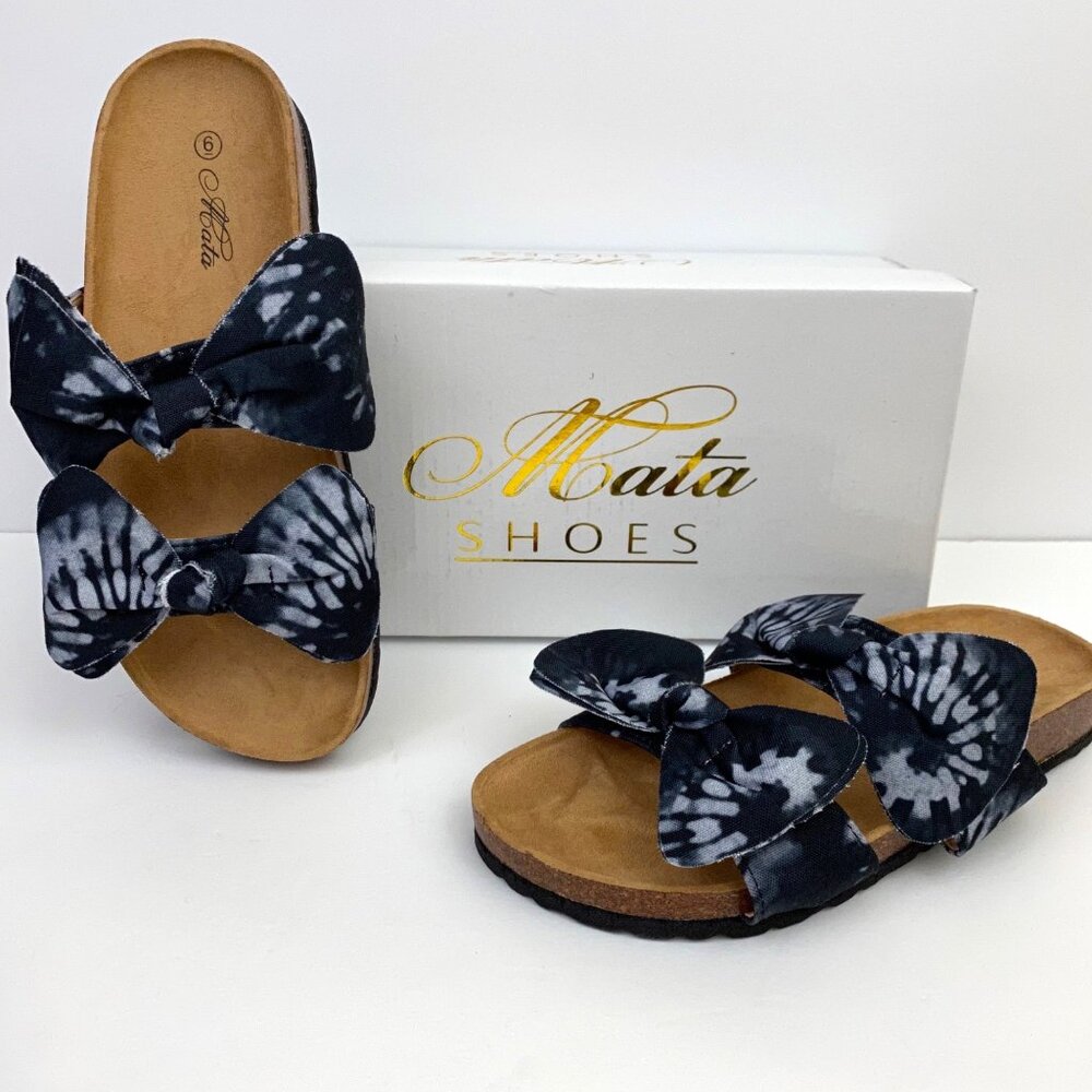 Mata Shoes Black White Tie Dye Double Bow Broadwalk Sandal Slides Women's 6
